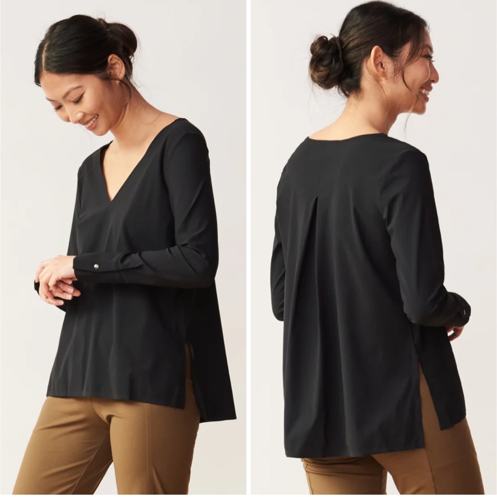 ADAY Black V‑Neck Long Sleeve Side‑Slit Blouse